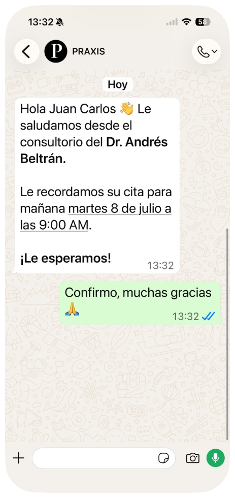 Recordatorio de cita enviado al celular del paciente desde Praxis